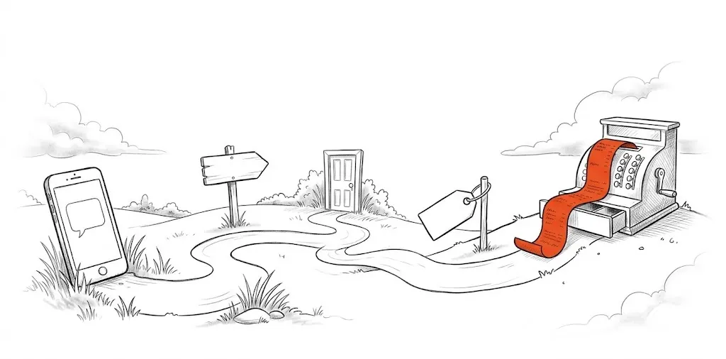 Pencil drawing: a road from a phone past a signpost, a door and a price tag, to a cash register with an orange receipt