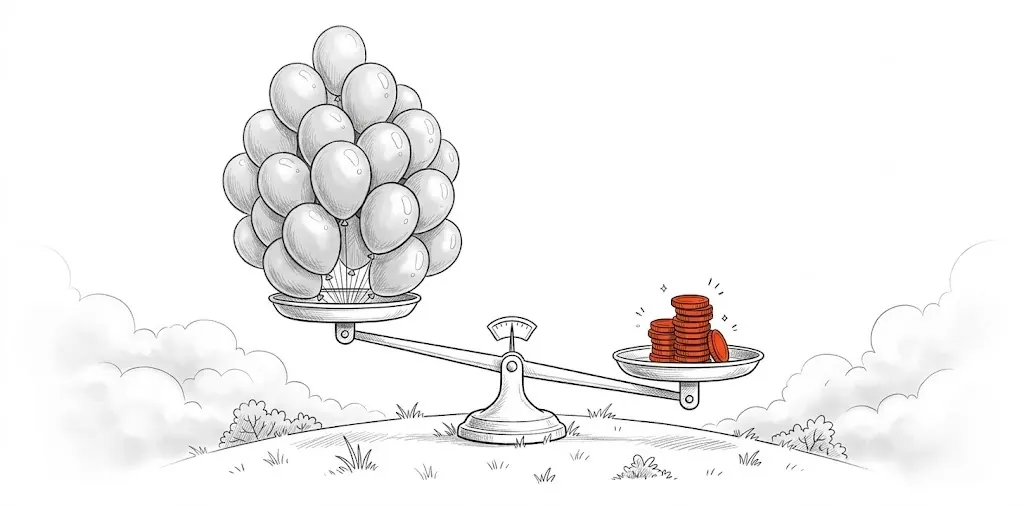 Pencil drawing: a scale tipping, gray balloons on one side and a stack of orange coins on the other