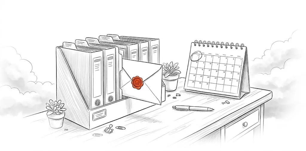 Pencil drawing: client folders, an envelope with an orange wax seal and a calendar with Monday circled